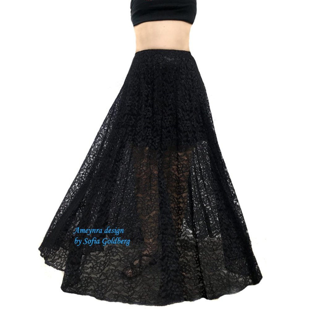 Black Lace Skirt. Ameynra Gothic Belly Dance Style. Size S, Long Elastic waist